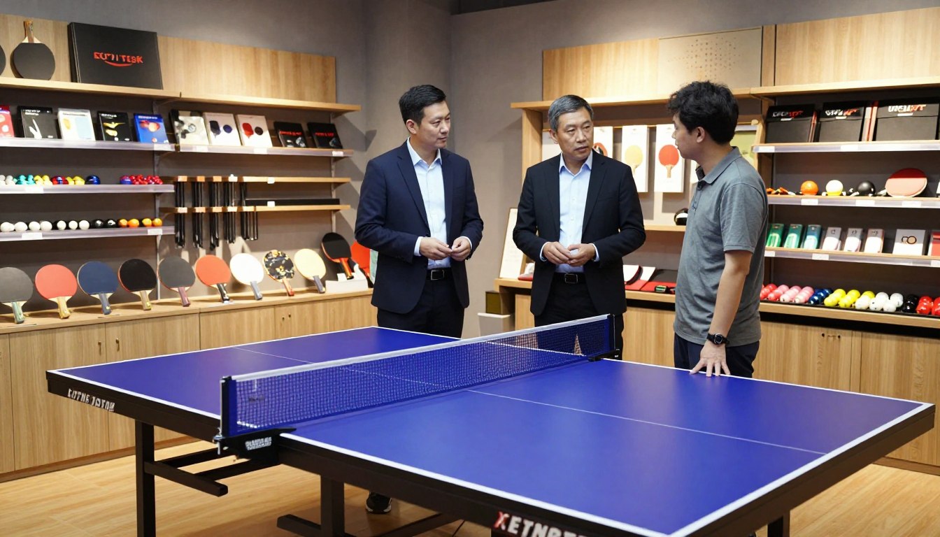 Three men discussing in a ping pong equipment store.
