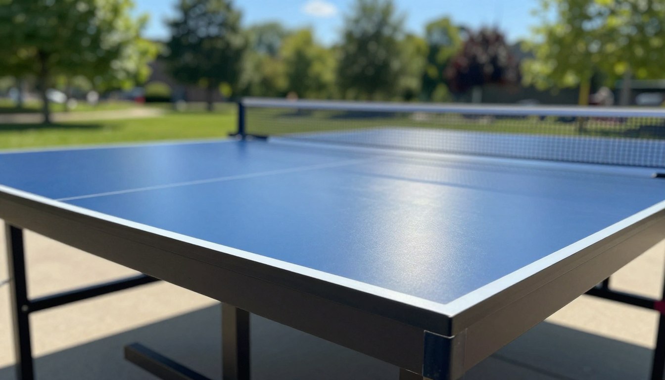 Outdoor blue ping pong table under a sunny sky.