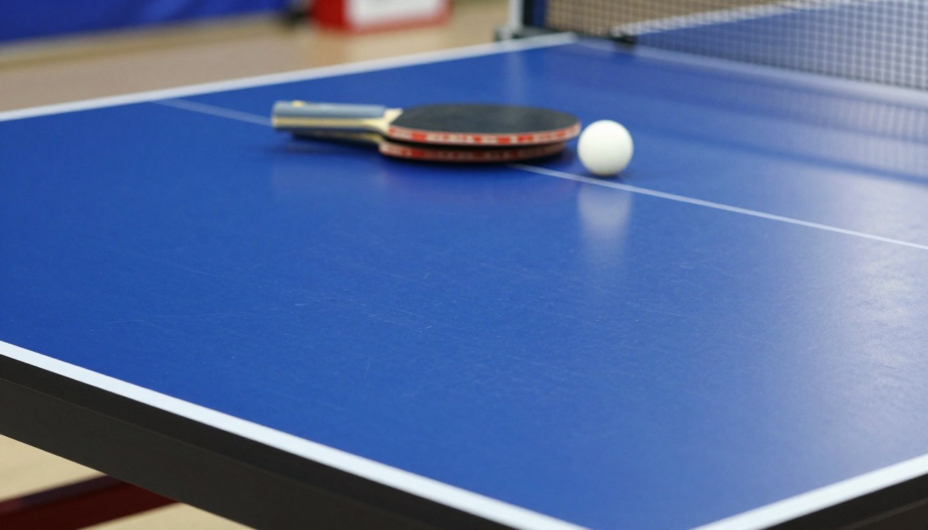 Ping pong paddle and ball resting on a blue table.