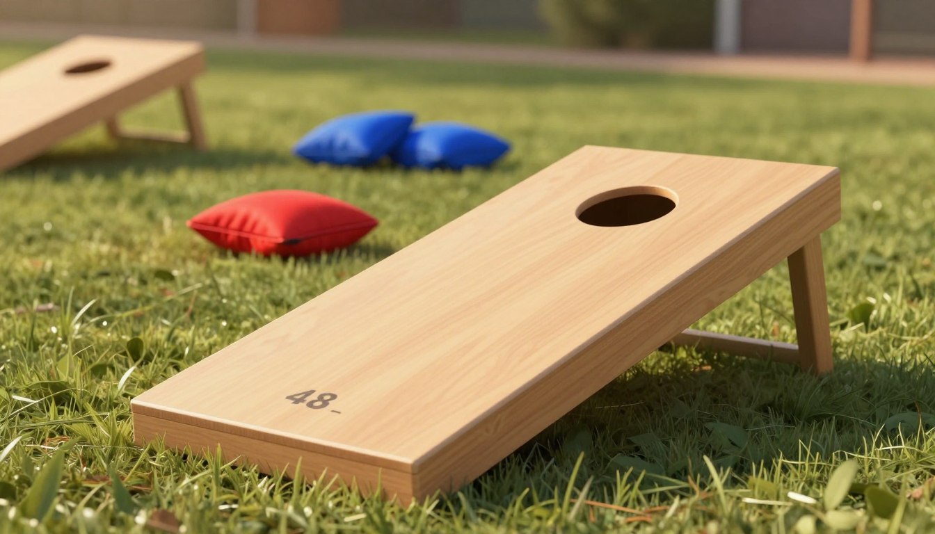 Cornhole board on grass with red and blue bean bags nearby.