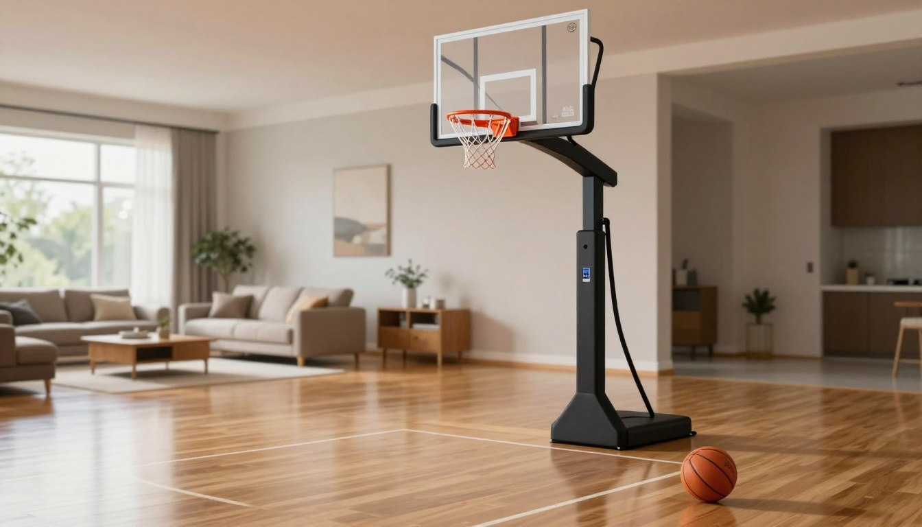 Indoor basketball hoop on polished wooden floor with a ball nearby. Modern living room setting.