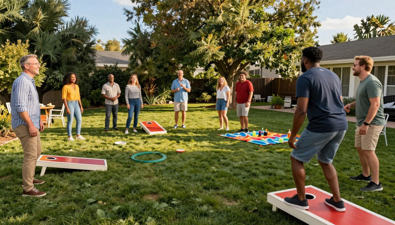 Group of people playing lawn games, including cornhole, in a sunny backyard with lush greenery.