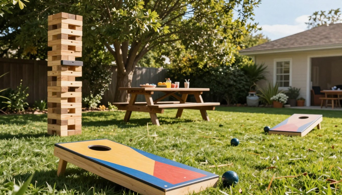 Backyard with lawn games, picnic table, and a house in the background.