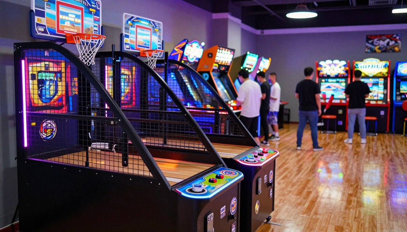 Arcade basketball games in the foreground with people playing video games in the background.