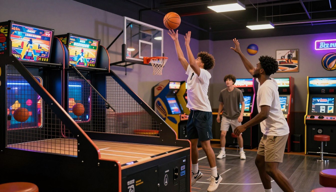 Teens playing basketball at an arcade with gaming machines in the background.