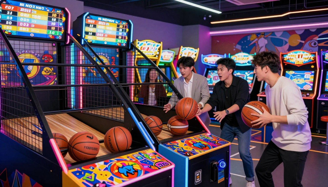 People playing arcade basketball games in a vibrant gaming center with colorful machines.