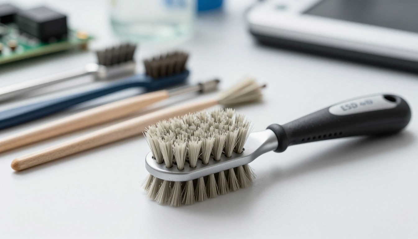 Cleaning brushes on a white surface with electronic components nearby.