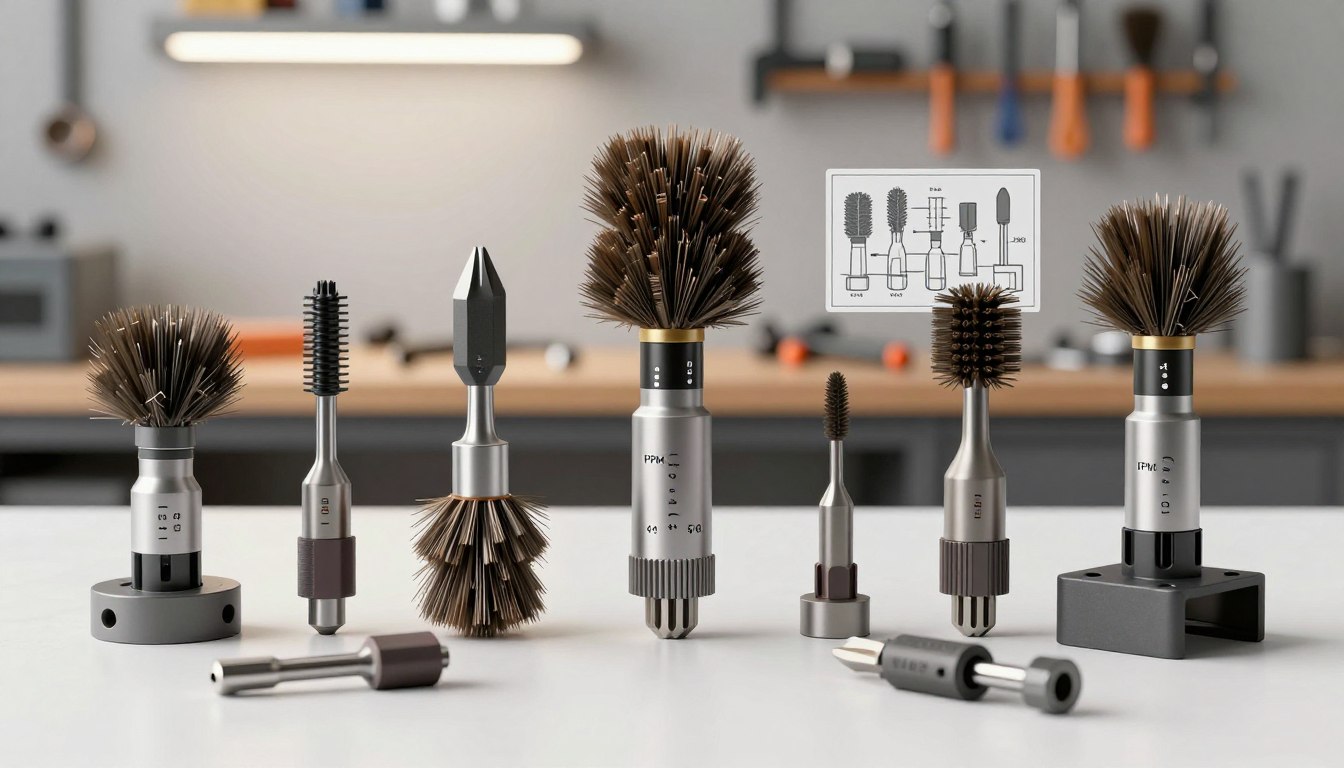 Various industrial brush tools displayed on a workbench, with a technical diagram in the background.