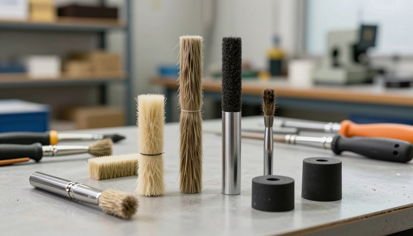 Workshop brushes and tools on a table, surrounded by shelves and equipment.