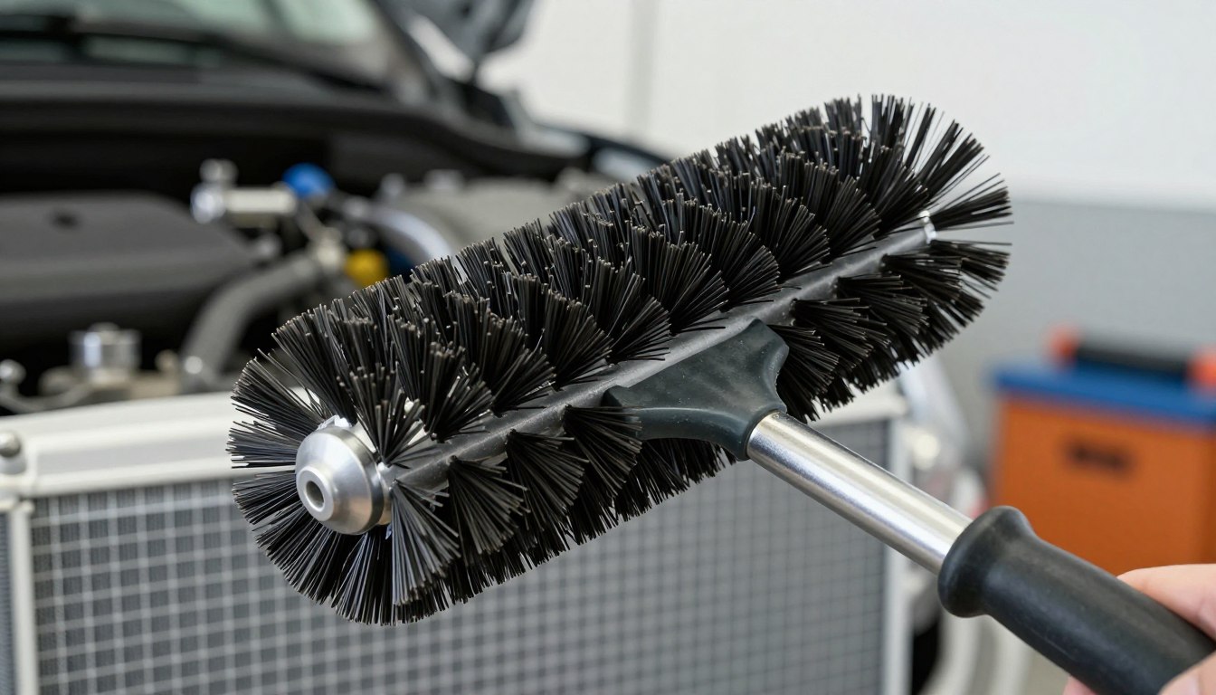Radiator cleaning brush held near a car engine.