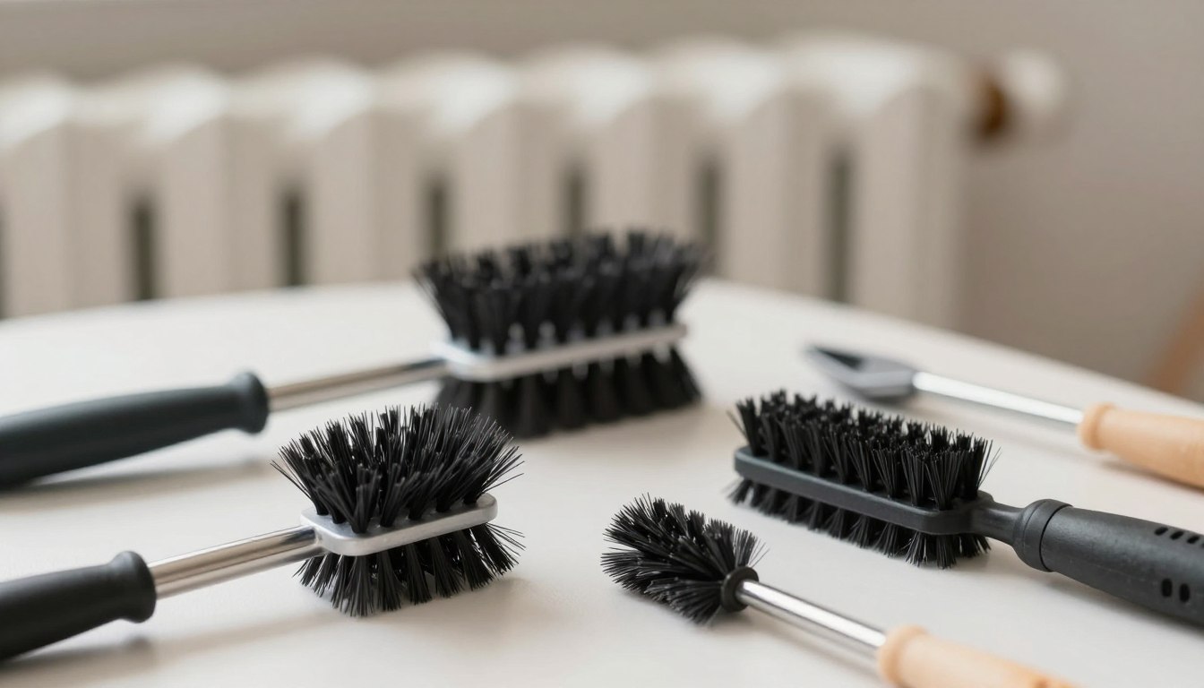 Various cleaning brushes with black bristles and different handles arranged on a white surface.