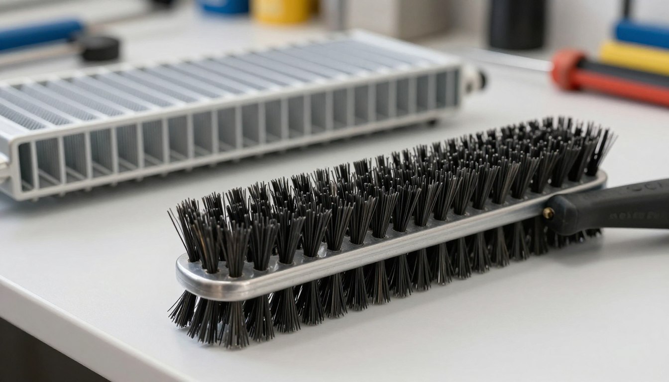 Wire brush and radiator on a white table.