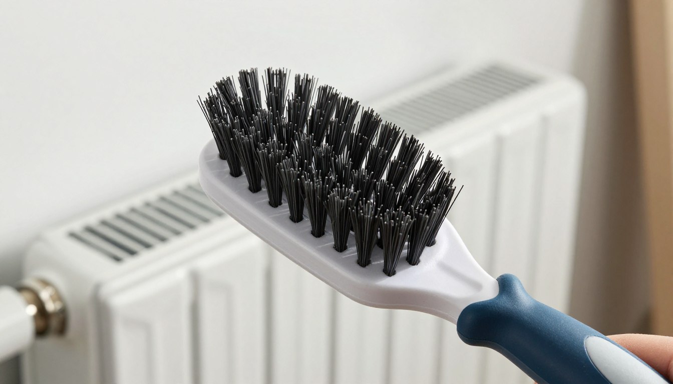 Cleaning brush with black bristles and a blue handle, held near a white radiator.