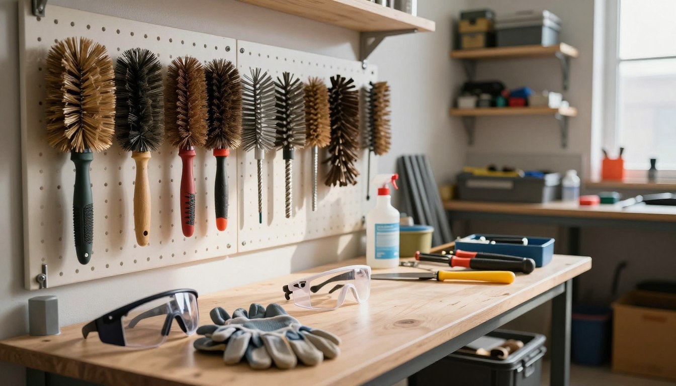 Workshop with brushes on pegboard, safety glasses, and tools on a wooden bench.