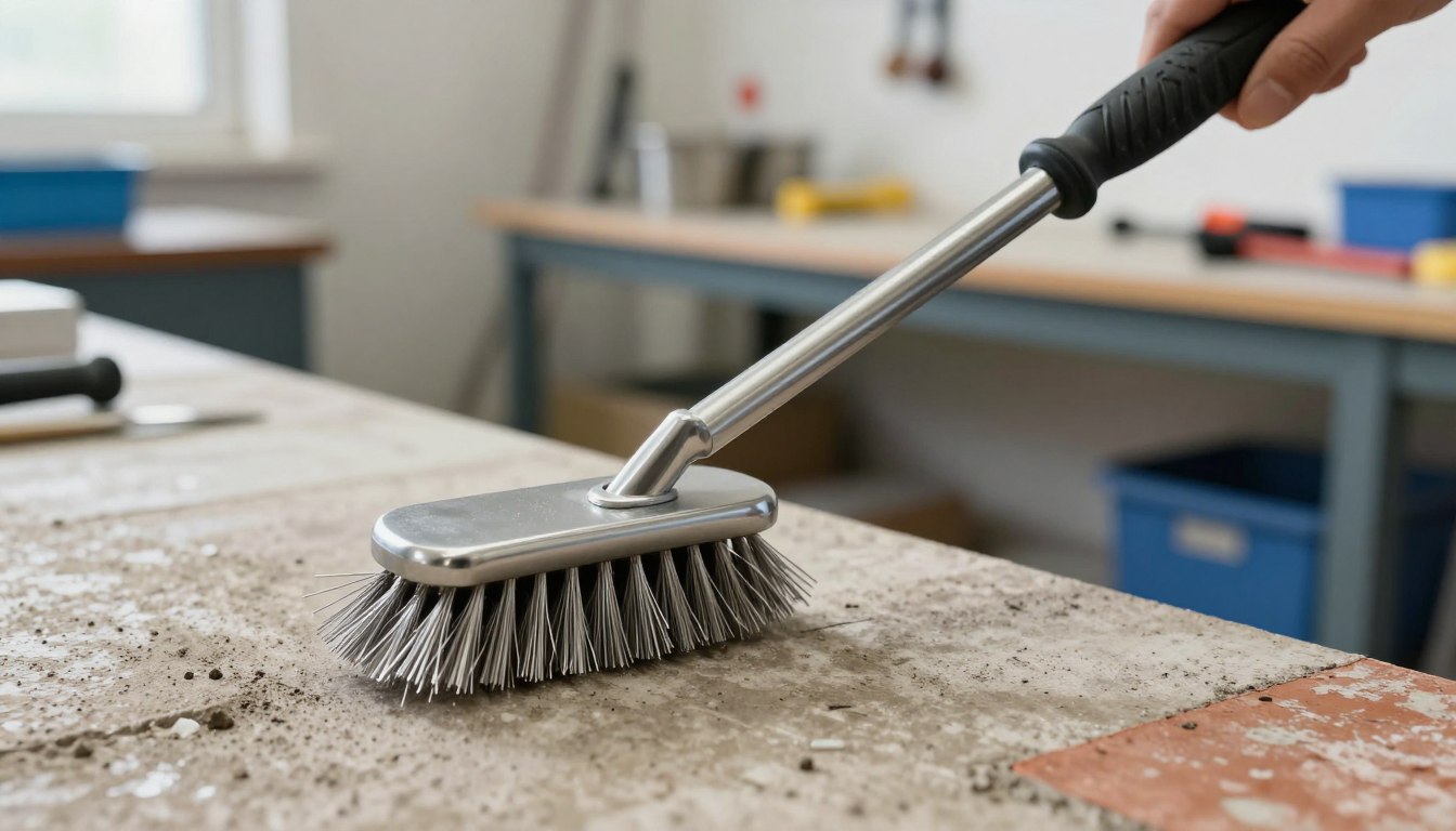 Wire brush cleaning a dusty, concrete workbench in a workshop setting.