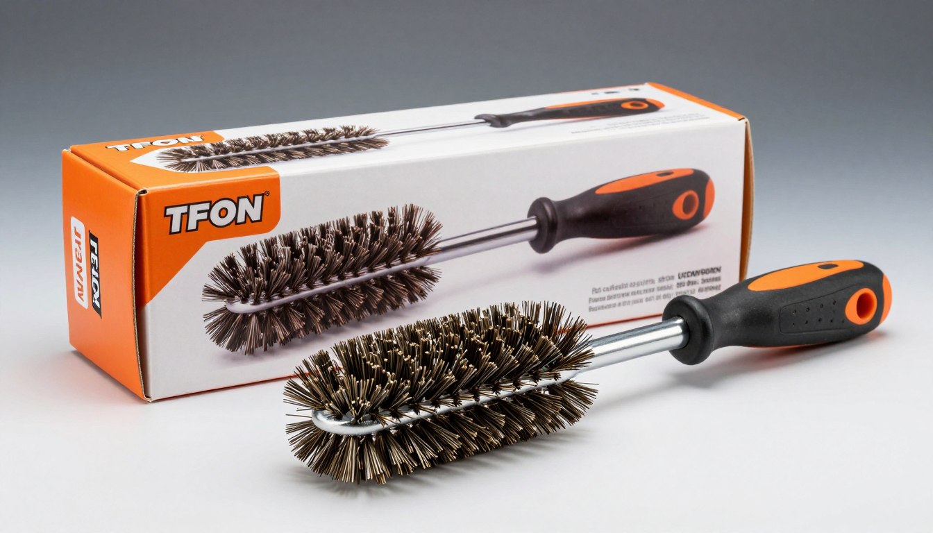 Wire grill brush with orange and black handle, beside its box.