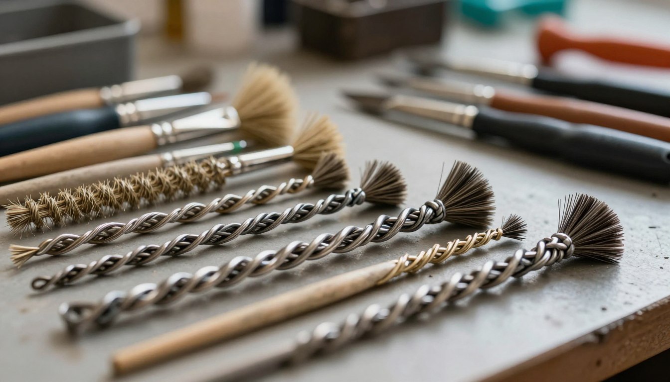 Assorted artist brushes and twisted wire brushes on a table.