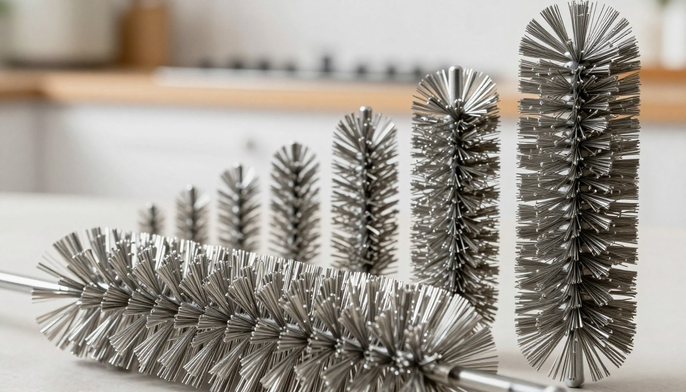 Set of cylindrical wire brushes in various sizes on a countertop.