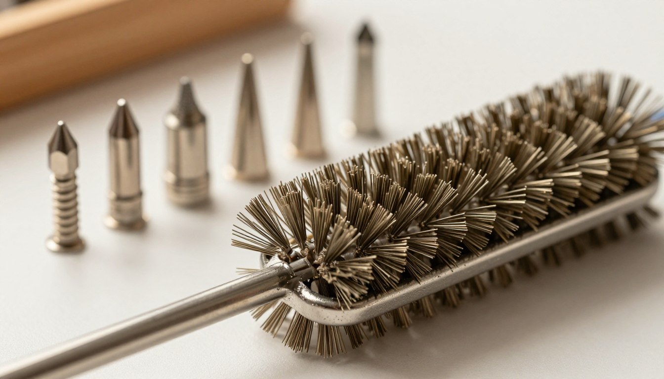 Metal wire brush with spiky bristles, surrounded by various metallic nozzle attachments on a white surface.