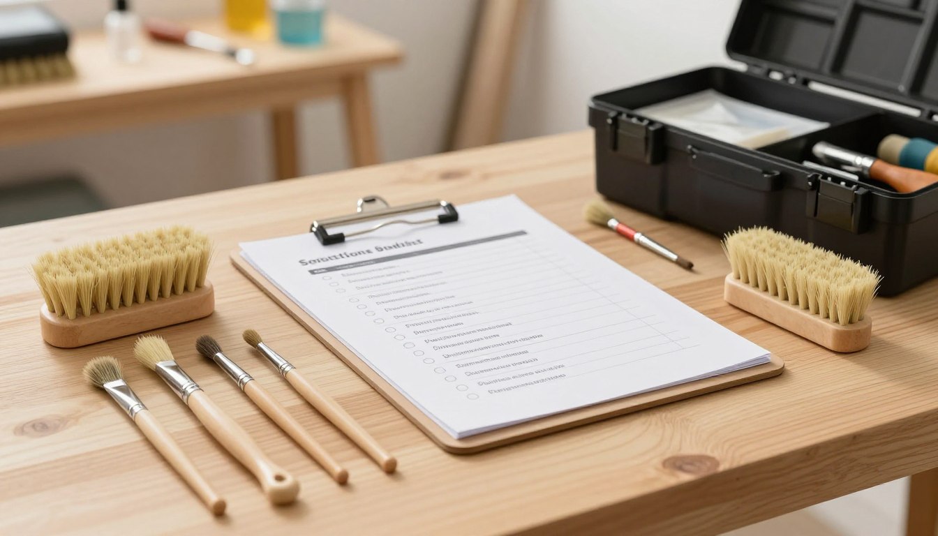 Restoration tools and checklist on a wooden table.