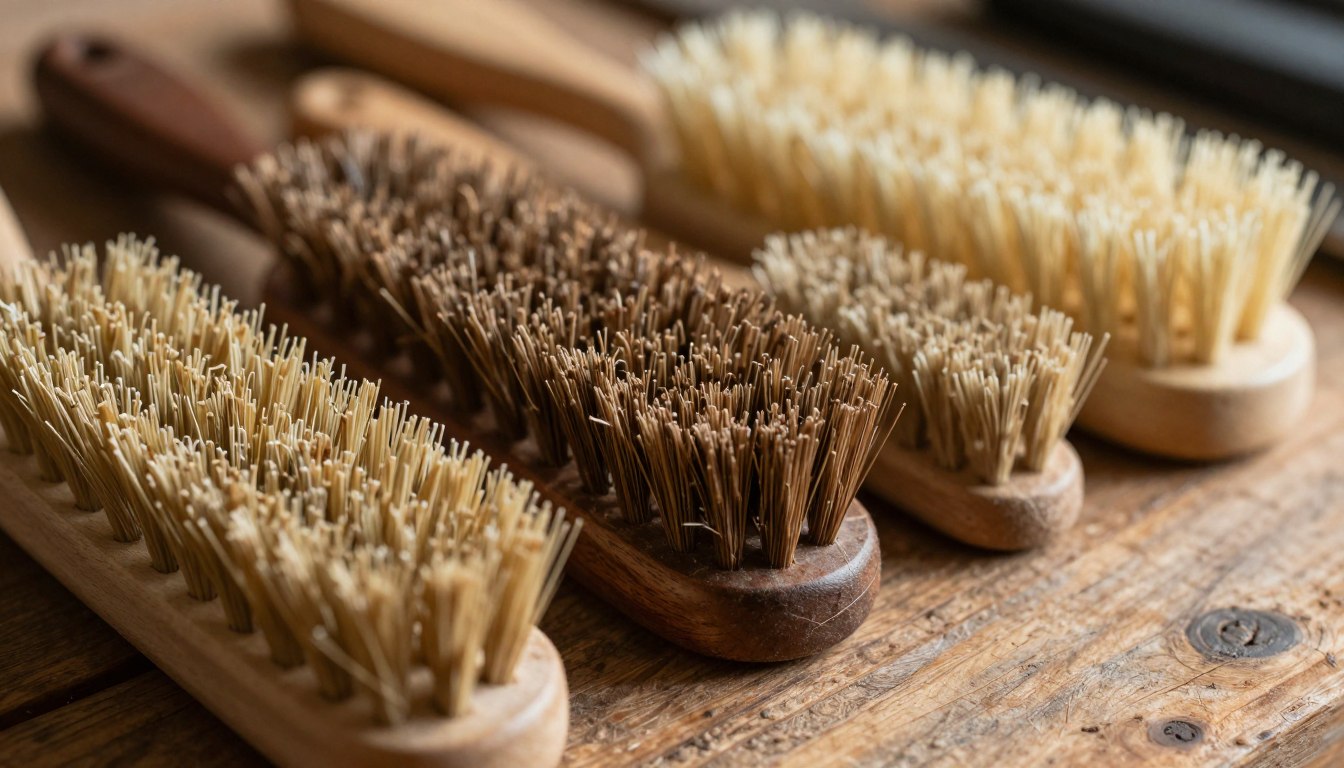 Wooden scrub brushes with natural bristles on a wooden surface.