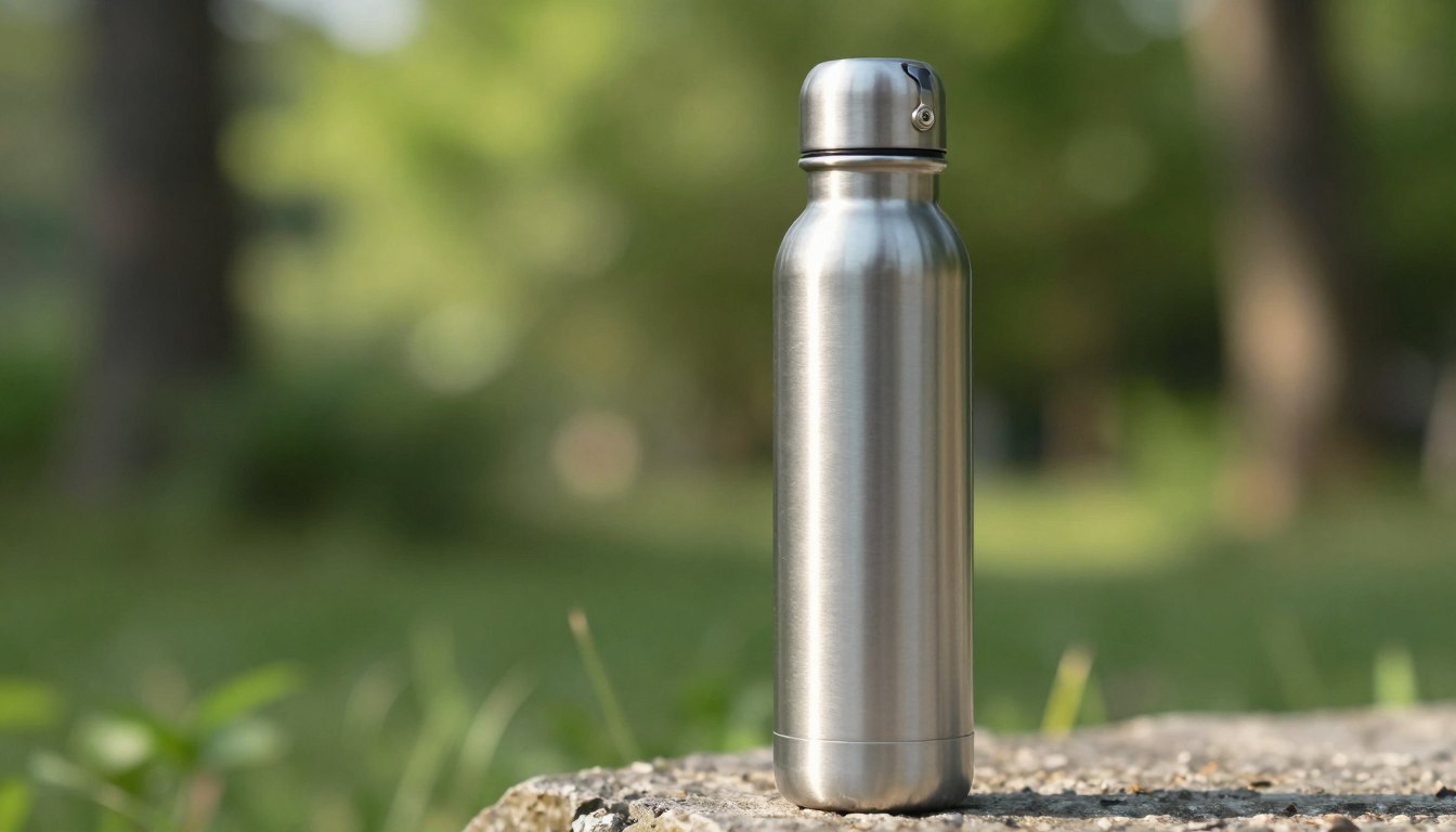 带有模糊的绿色户外背景的石头表面上的不锈钢水瓶。