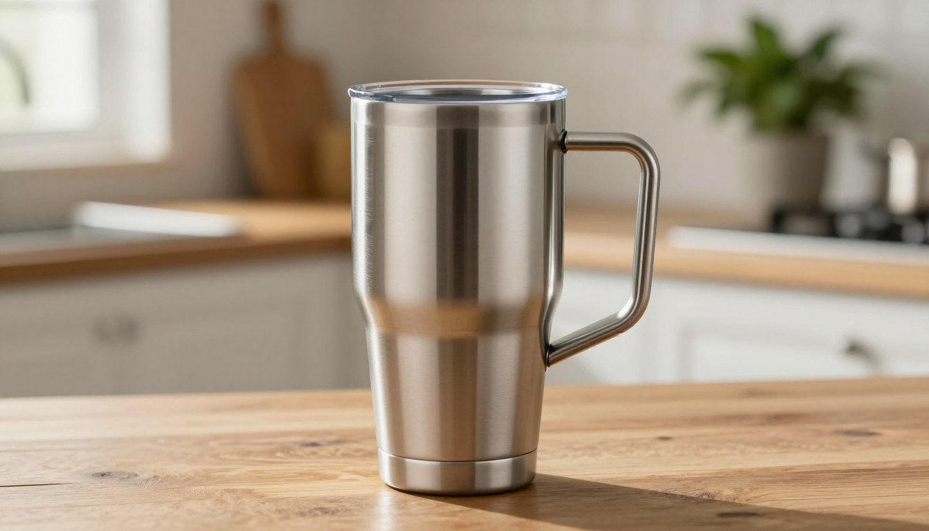 木制厨房台面上的不锈钢旅行马克杯。