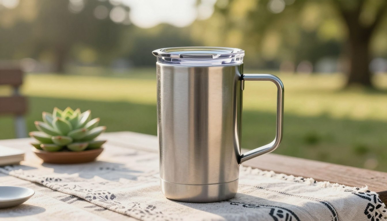 户外桌上的不锈钢马克杯，背景有肉质植物。