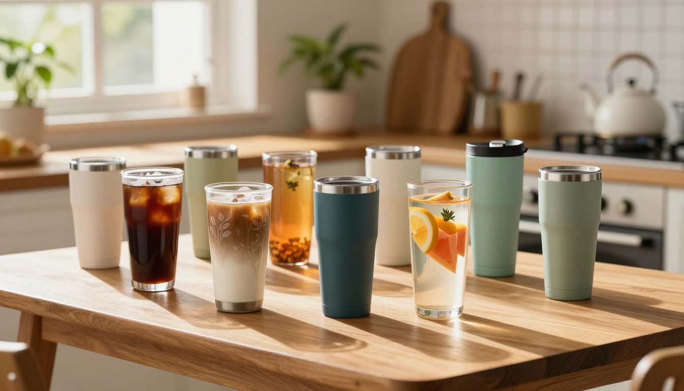 明亮厨房中的木桌上摆放着各种饮料的玻璃杯。