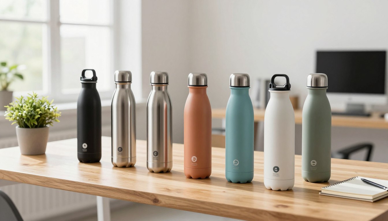 现代办公室环境中，木制桌子上摆放着七个色彩鲜艳的保温瓶。