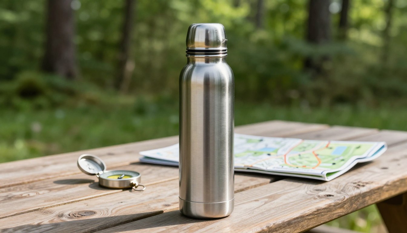 森林背景下，木制野餐桌上的不锈钢水瓶、指南针和地图。