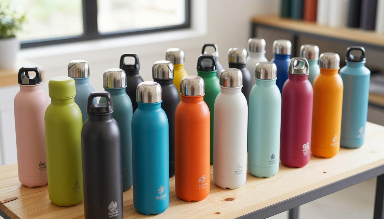 色彩缤纷的可重复使用水瓶整齐地摆放在一个光线明亮的房间里的木桌上。