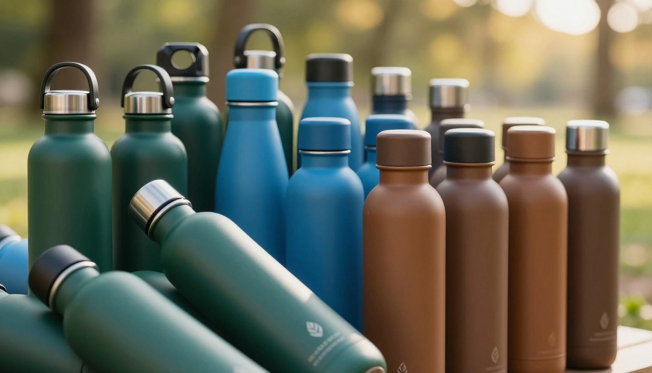 各种颜色的可重复使用水瓶，绿色、蓝色和棕色，置于户外。