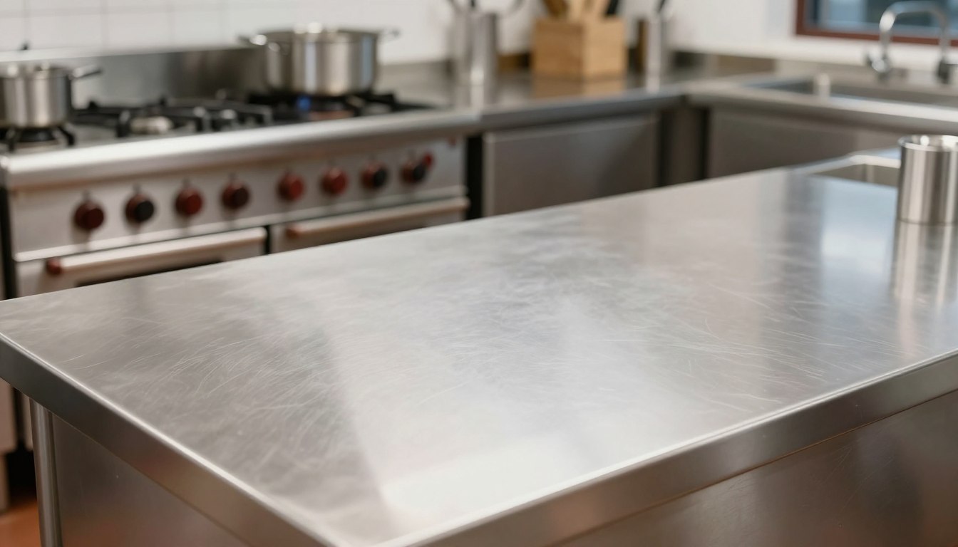 不锈钢厨房台面，背景有炉灶和锅。