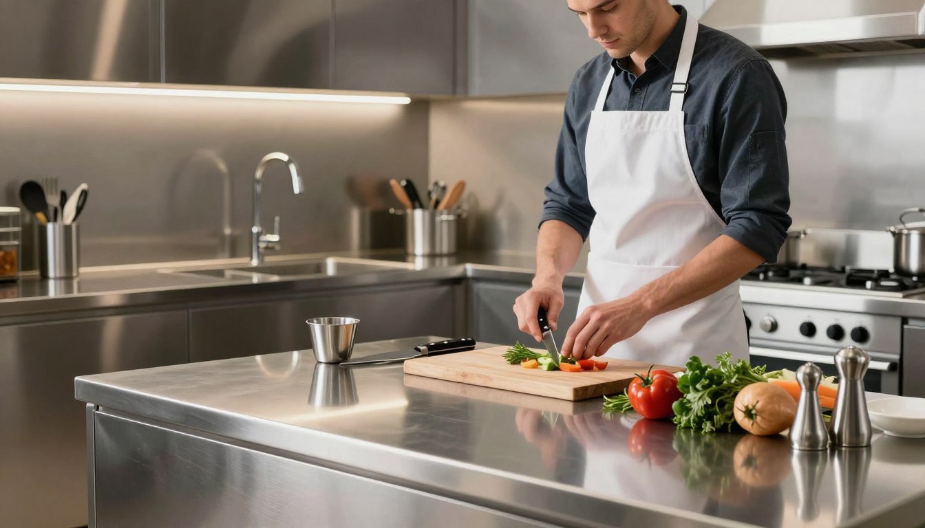 厨师在现代不锈钢厨房的砧板上切蔬菜。