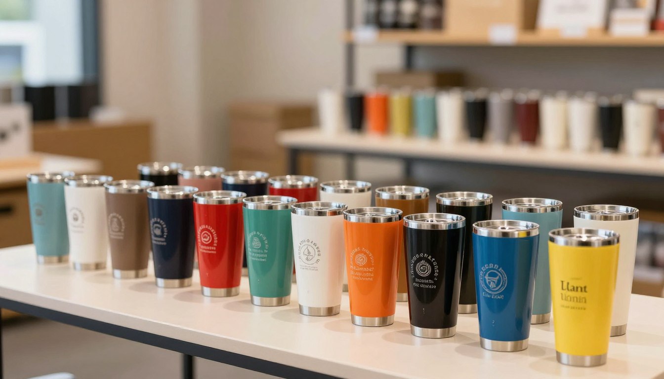 商店货架上展示着色彩鲜艳的旅行马克杯。