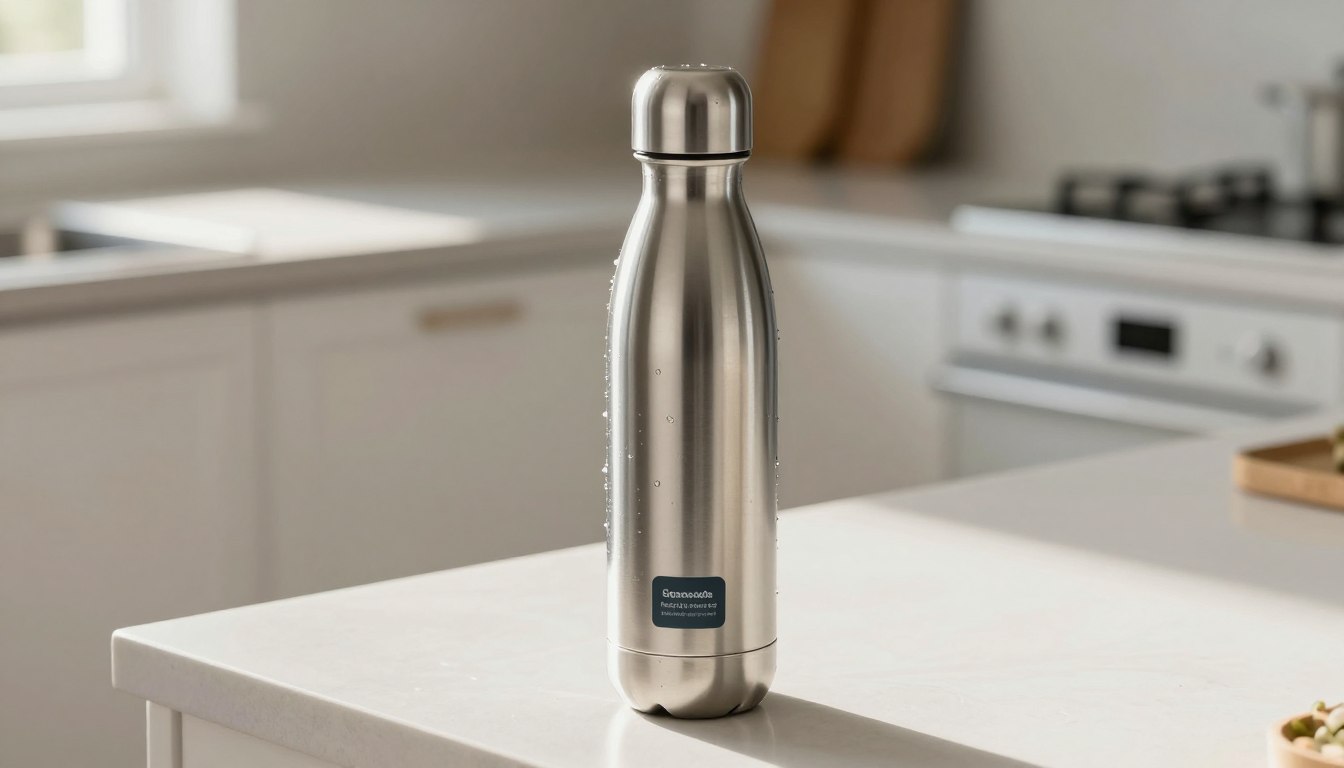 厨房台面上的不锈钢水瓶。