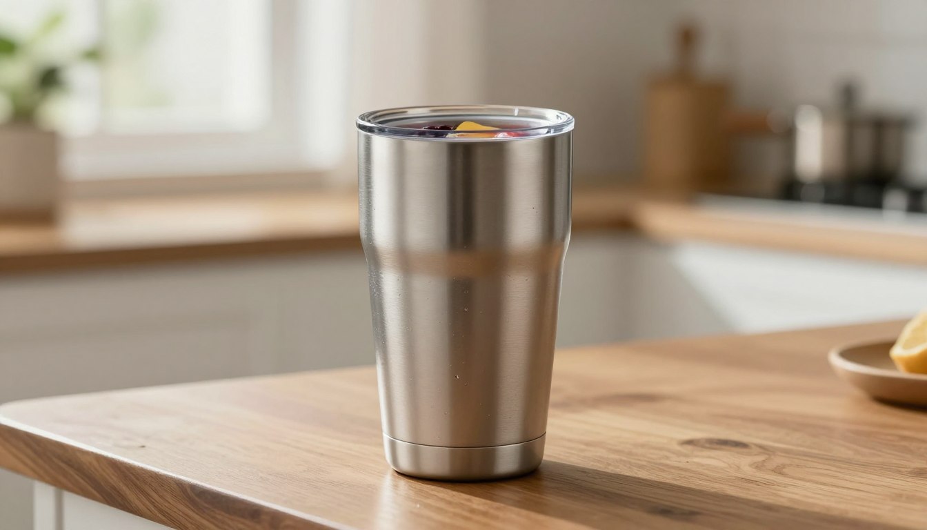 木质厨房台面上的不锈钢保温杯。