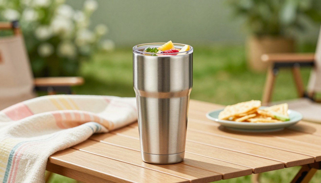 户外木桌上的不锈钢保温杯，杯中有饮品。