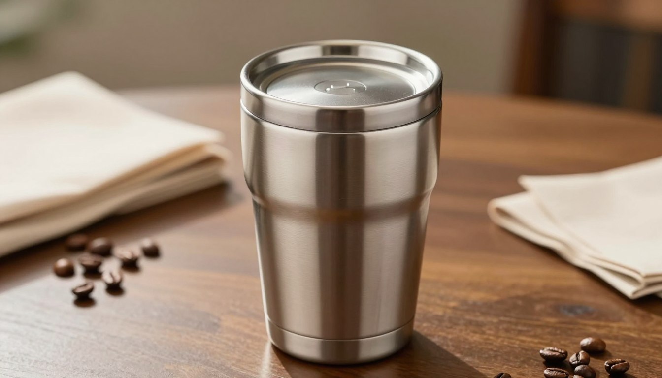 木桌上的不锈钢旅行杯，旁边有咖啡豆和餐巾纸。