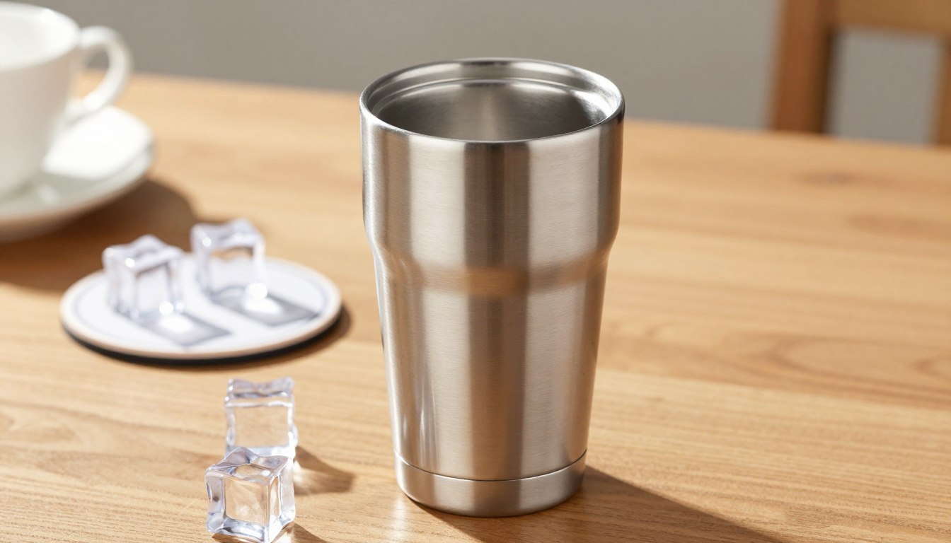 木桌上的不锈钢杯，里面装有冰块。