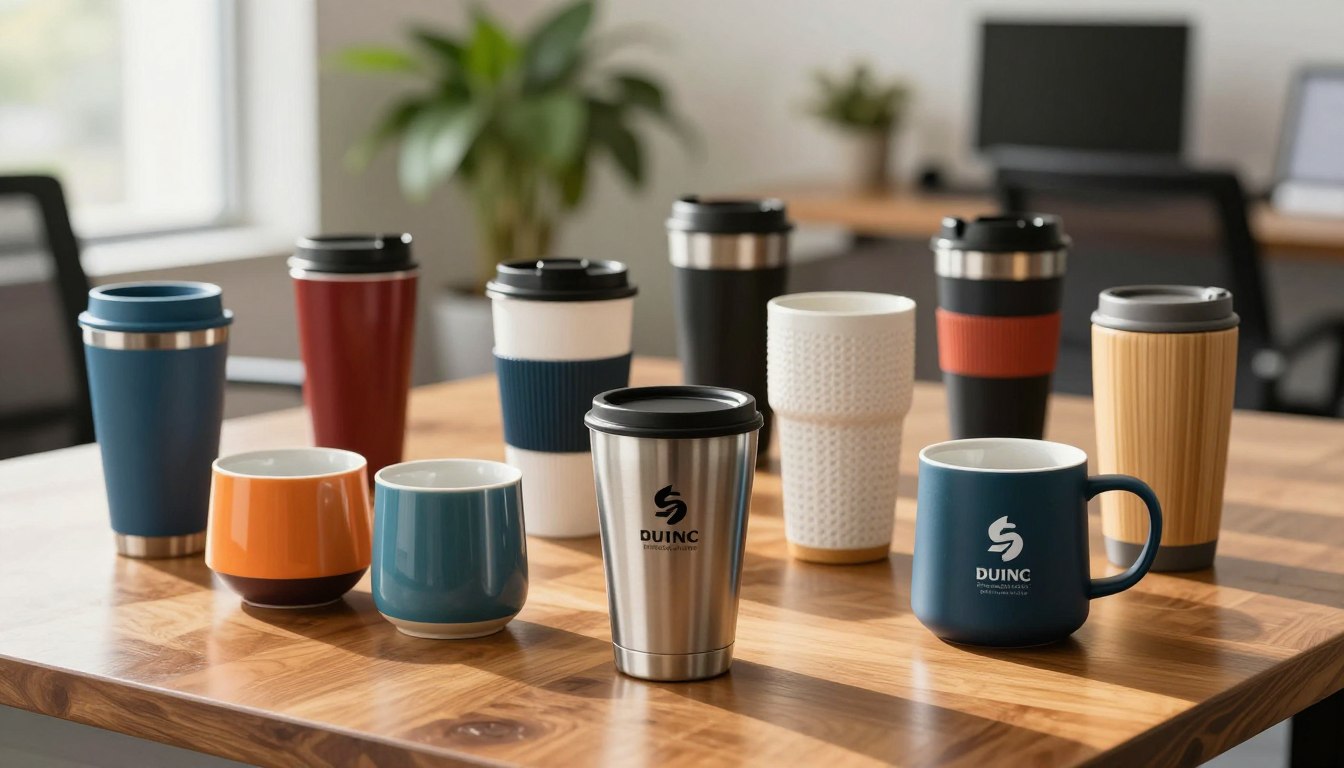 办公室环境中木桌上的各种旅行杯和杯子。