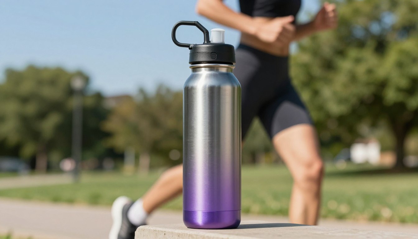 带有紫色底座的不锈钢水瓶，背景有跑步者。