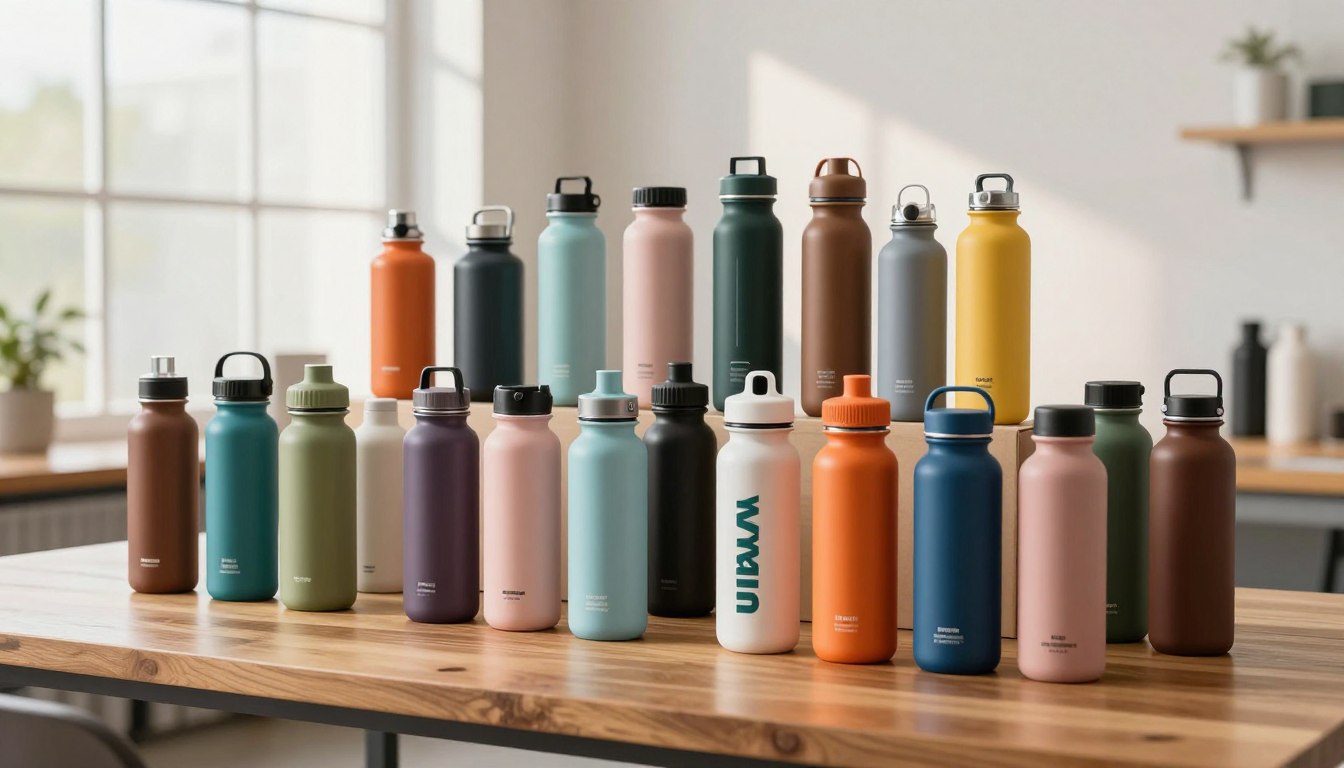 色彩鲜艳的可重复使用水瓶摆放在阳光明媚的房间里的木桌上。