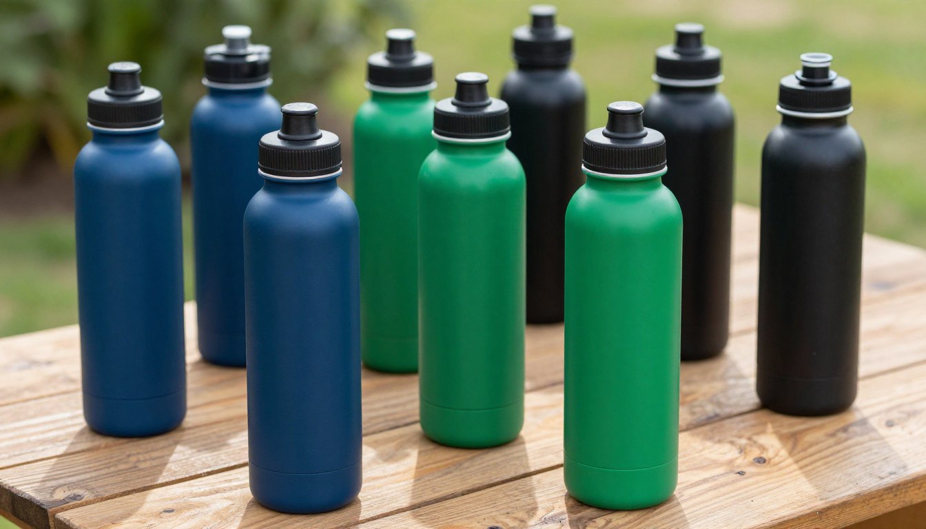 木桌上摆放着蓝色、绿色和黑色的水瓶，背景为户外。