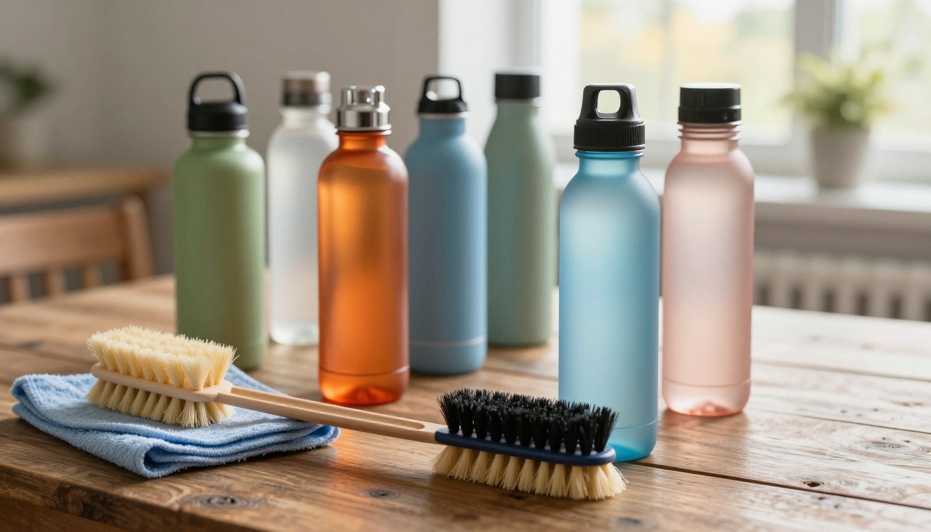 木桌上摆放着各种颜色的可重复使用水瓶，旁边还有清洁刷和一块蓝布。
