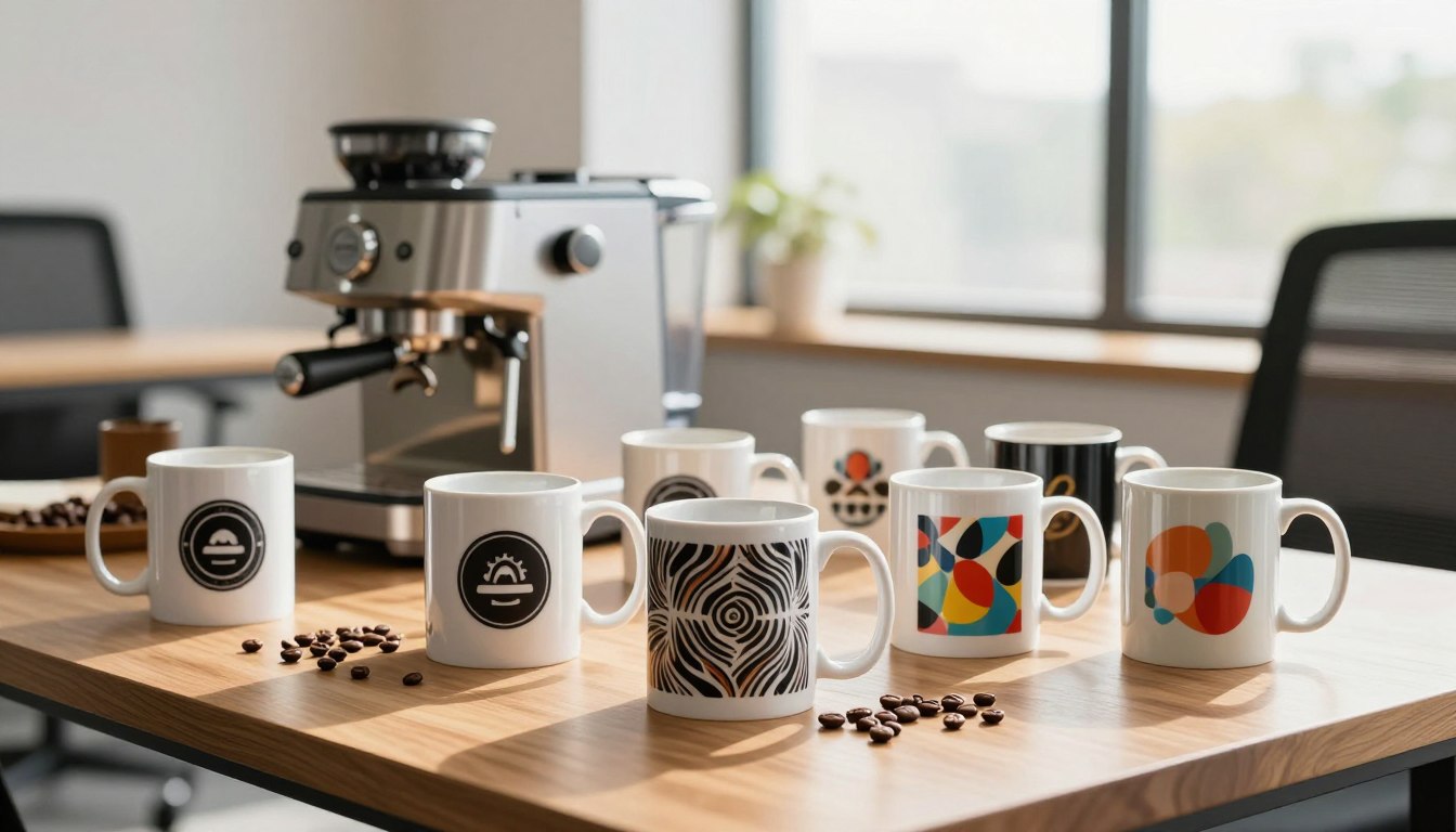 咖啡机旁边有五颜六色的杯子，木桌上散落着咖啡豆。