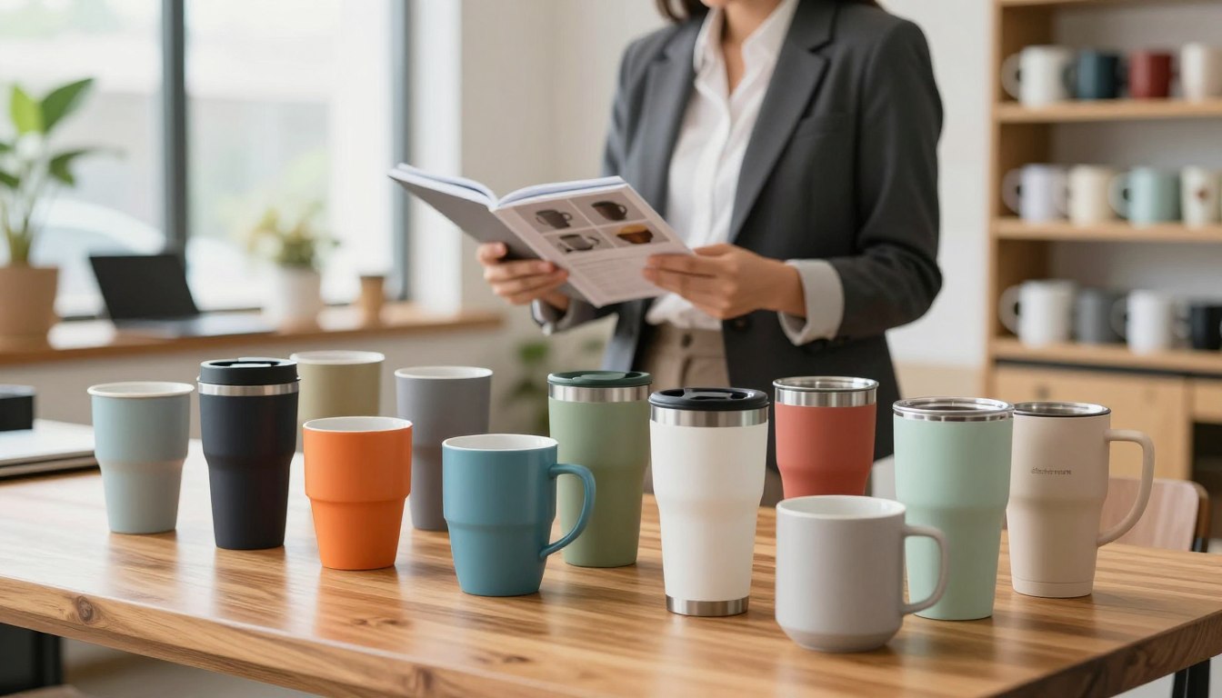 各种颜色的可重复使用杯子展示在木桌上，背景中有一个人正在阅读目录。