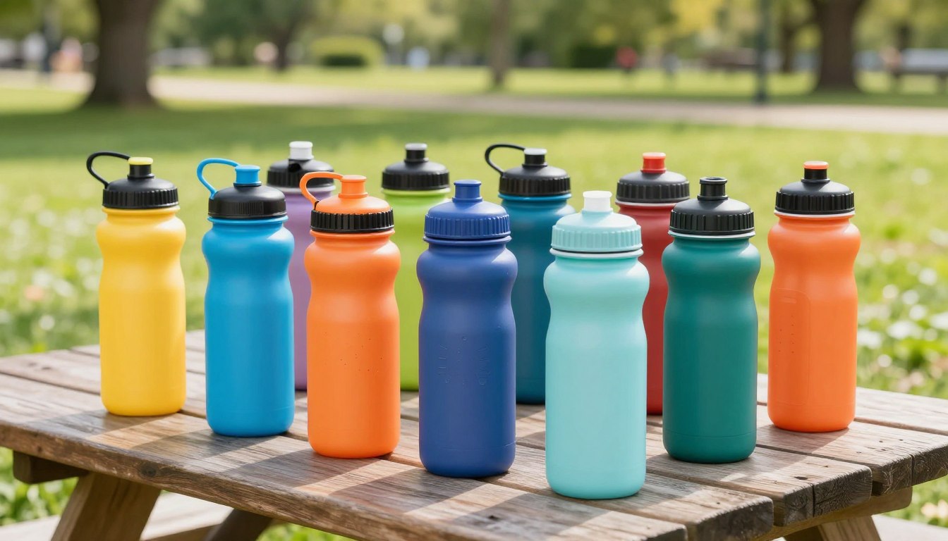公园野餐桌上的五彩水瓶。