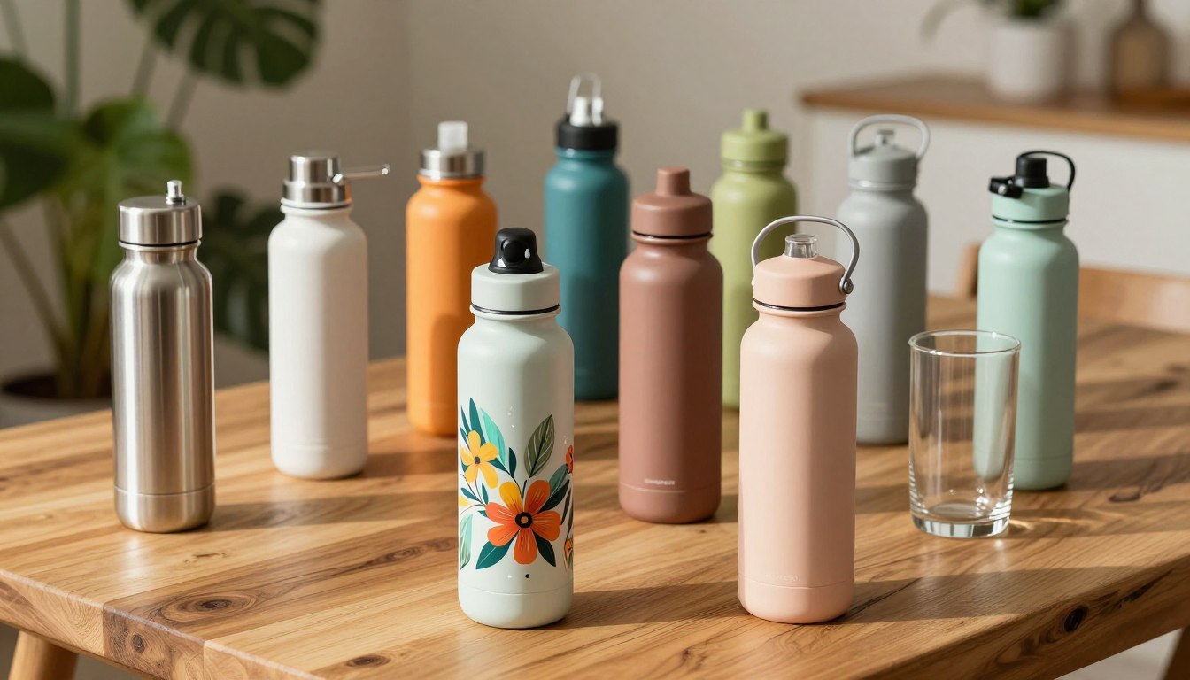 五彩缤纷的可重复使用水瓶放在木桌上。